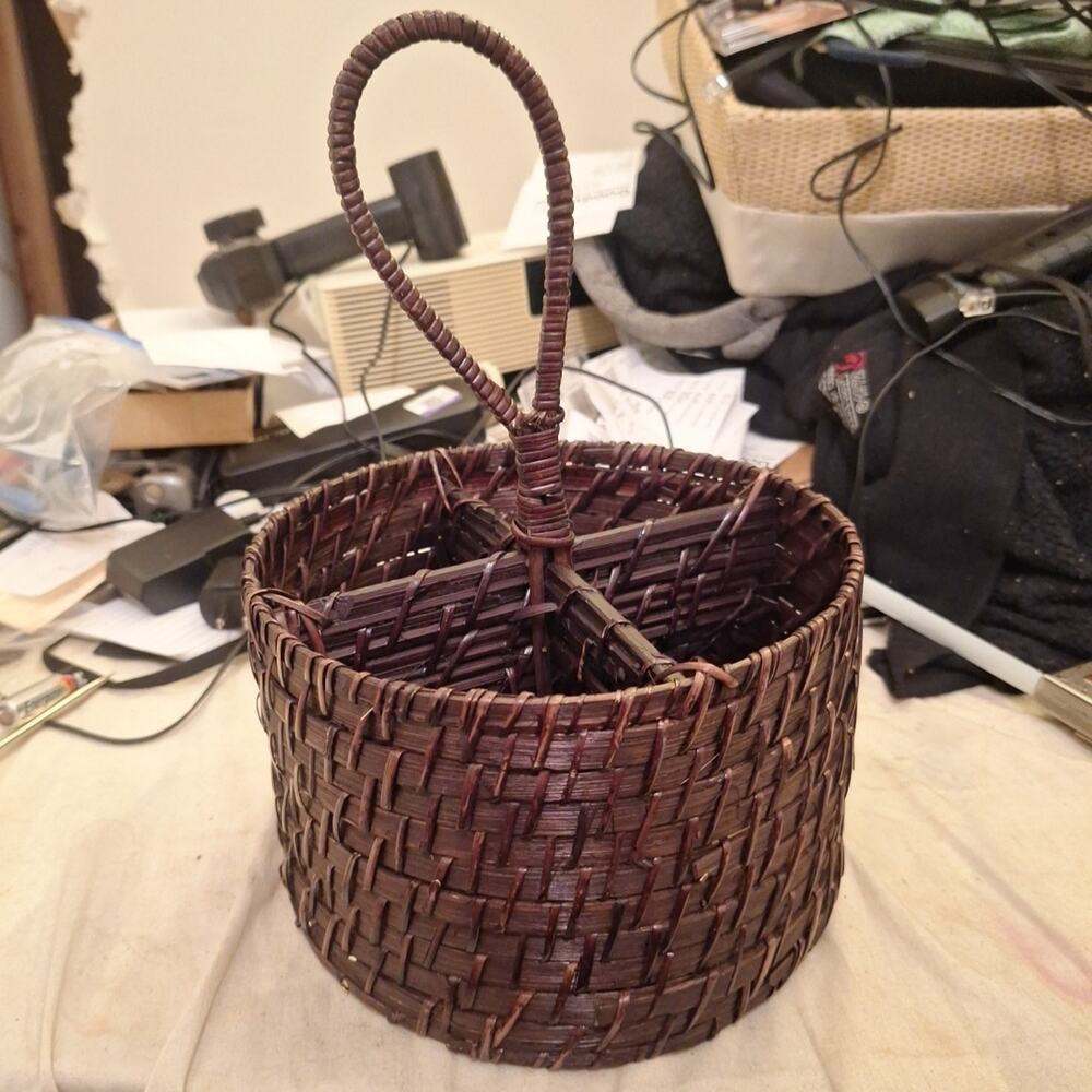 Handwoven Round Rattan Flatware Caddy With Handle Dark Color Very Nice